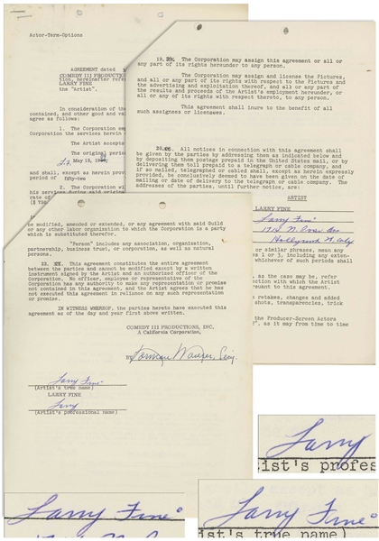 Larry Fine Contract Signed Three-Times With Comedy III Productions, Dated May 1959 -- Initialed in Several Places as Well -- 12pp. Measures 8.5'' x 11'' -- Very Good Condition